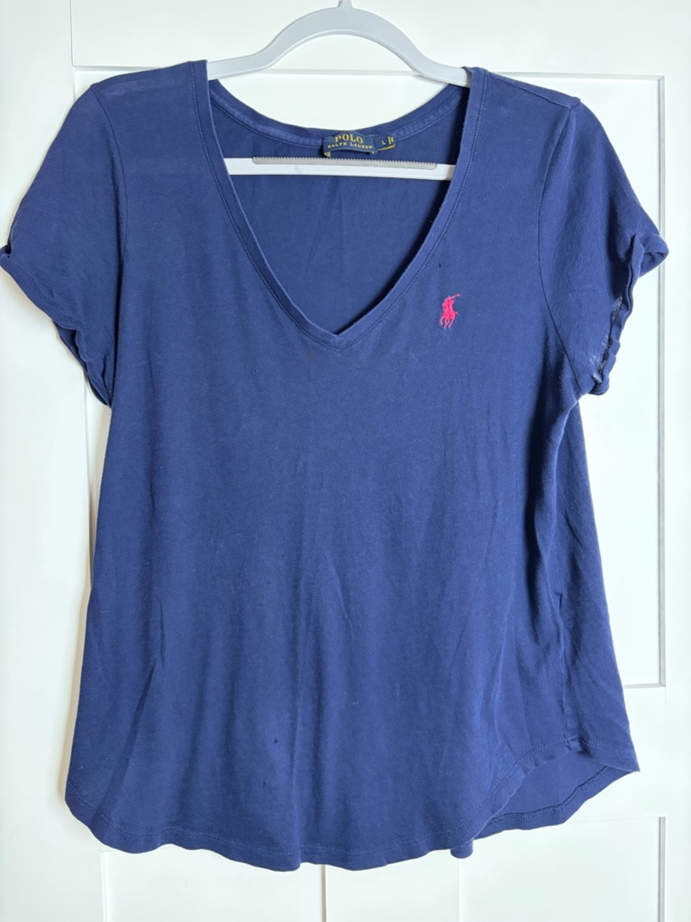 Polo‎ by Ralph Lauren Navy V-Neck Tee with Pink Pony Embroidery